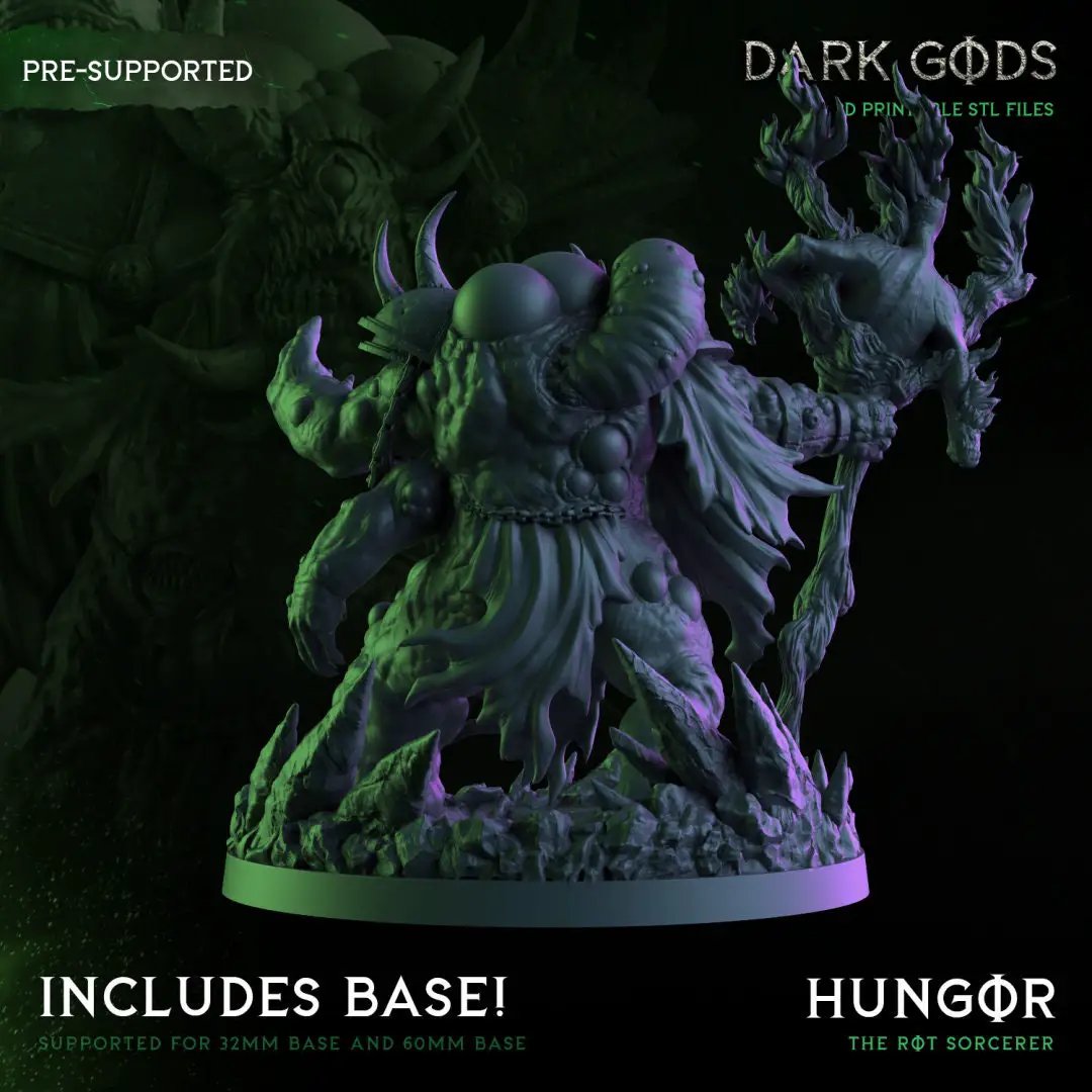 3D printed Hungor the Rot Sorcerer miniature by Last Hope Miniatures, featuring detailed dark fantasy character with twisted features.