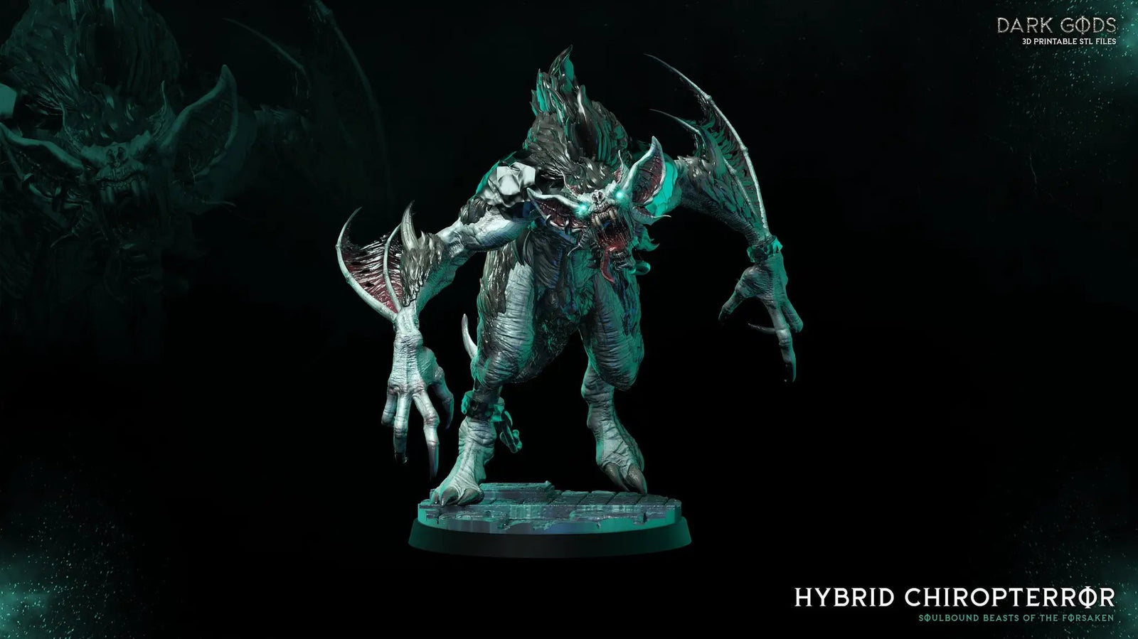 3D printed Hybrid Chirropterror miniature by Dark Gods Miniatures, detailed fantasy creature with wings and menacing appearance.