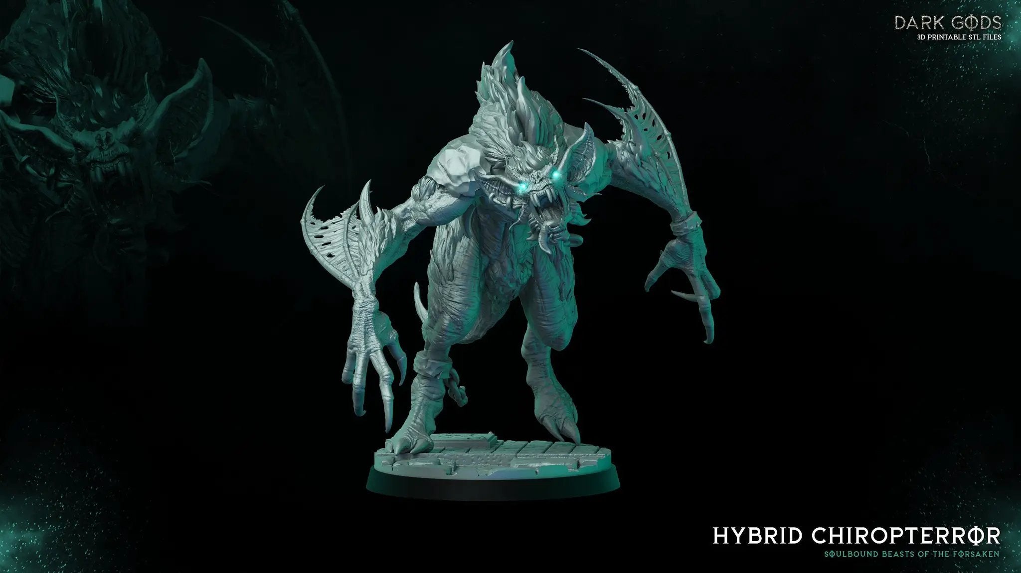 3D printed hybrid chirorpteron miniature by Dark Gods Miniatures, showing detailed sculpt with textured wings and menacing posture.