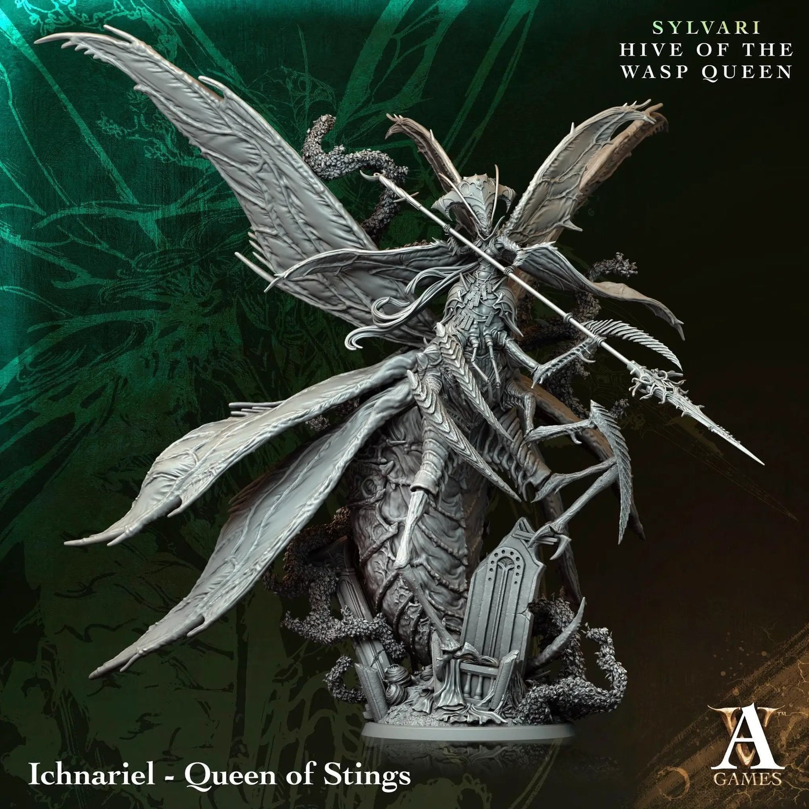 3D printed Ichnariel Queen of Stings miniature by Last Hope Miniatures, featuring detailed insect-inspired design and intricate textures.