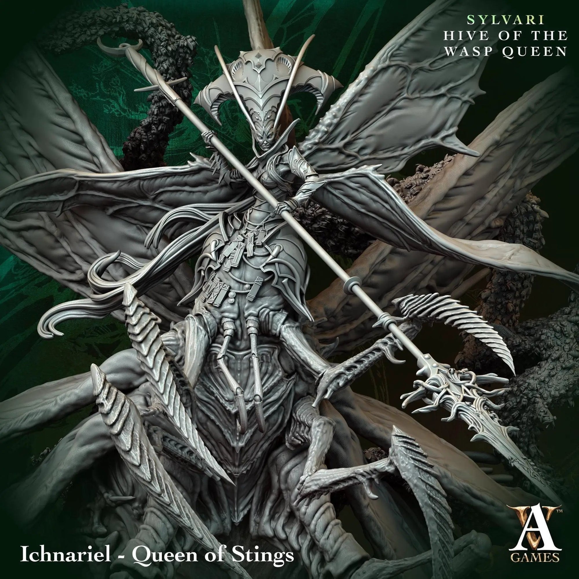 3D printed Ichnariel Queen of Stings miniature from Archvillain Games by Last Hope Miniatures, featuring detailed insect-like armor and wings.