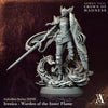 3D printed Irenica Warden of the Inner Flame miniature by Last Hope Miniatures, showing detailed armor and fiery base.