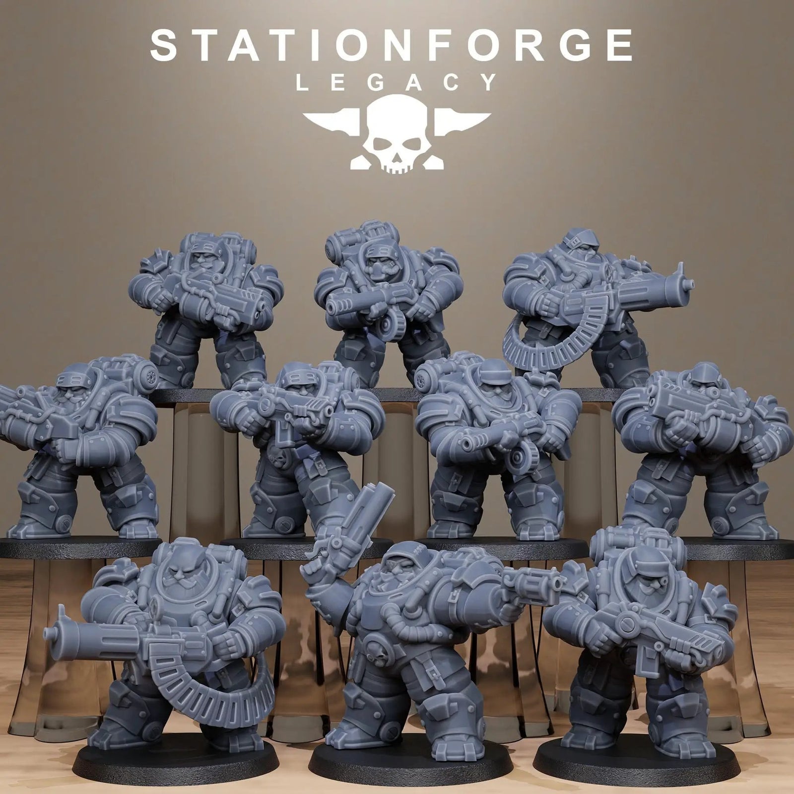 3D printed Ironvale Heavies miniatures by StationForge, detailed sci-fi soldiers from Last Hope Miniatures.