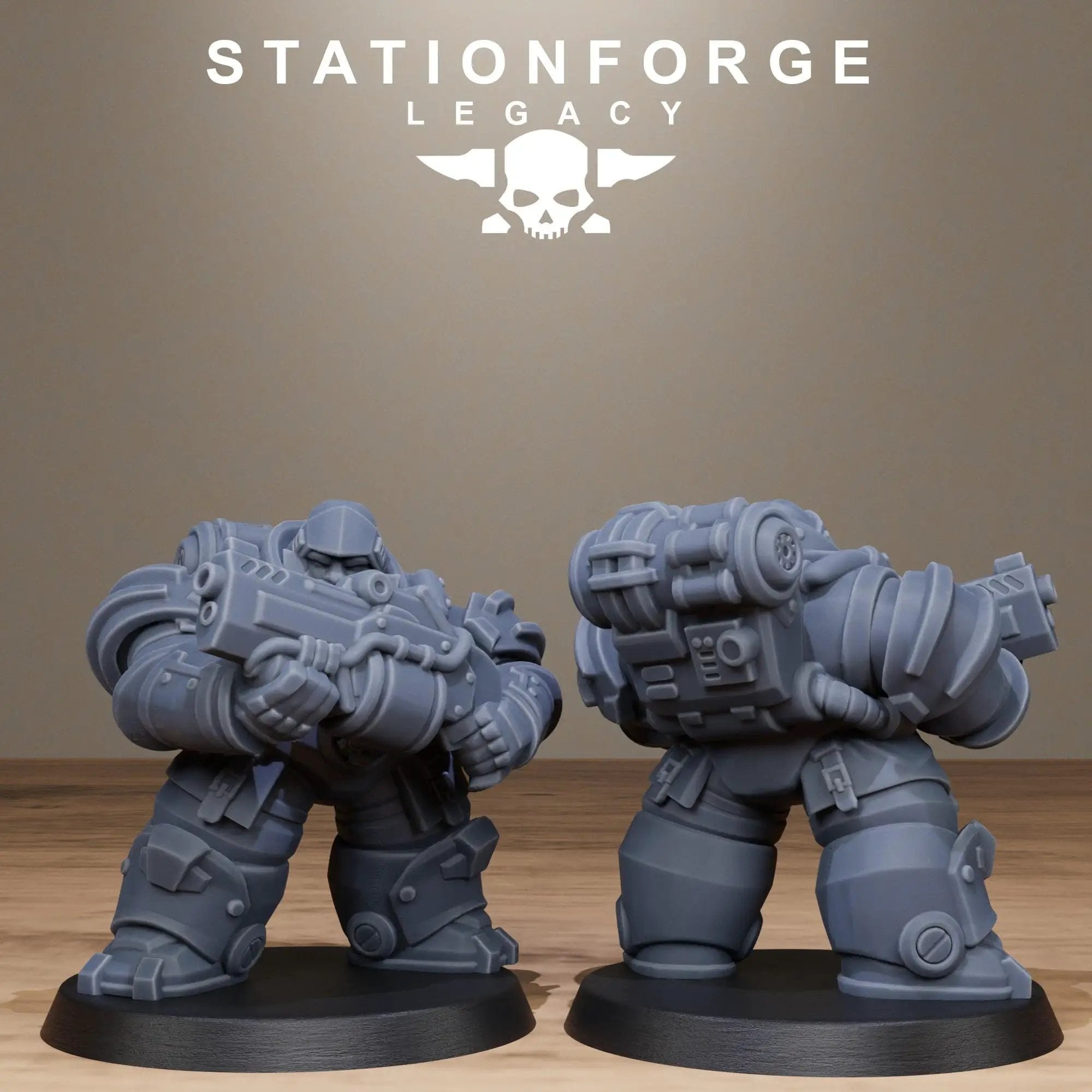 3D printed Ironvale Heavies miniature by Last Hope Miniatures, showing detailed armored soldiers with weapons in a dynamic pose.