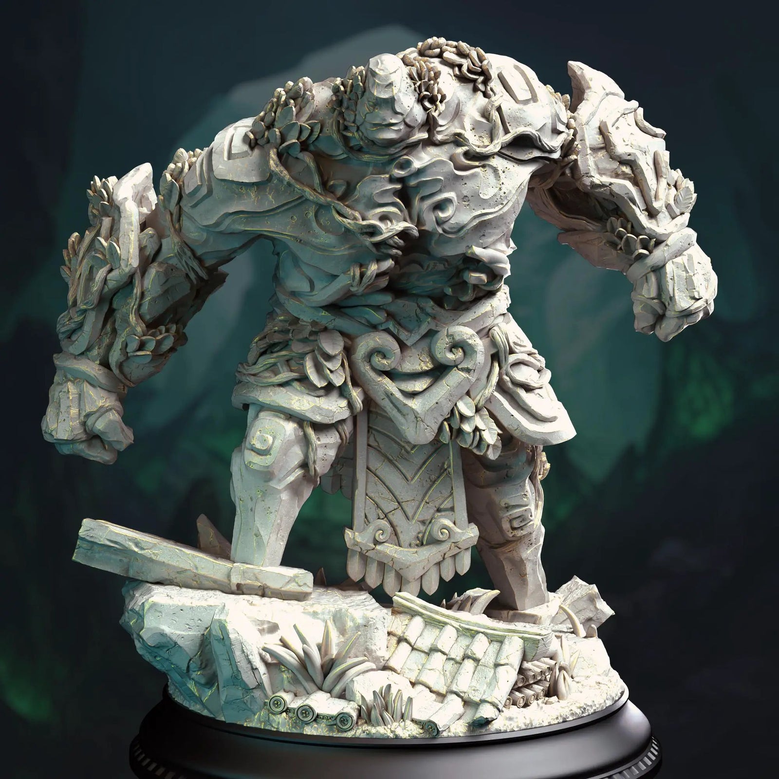 3D printed Jade Golem miniature by Last Hope Miniatures, detailed green stone figure with intricate design.