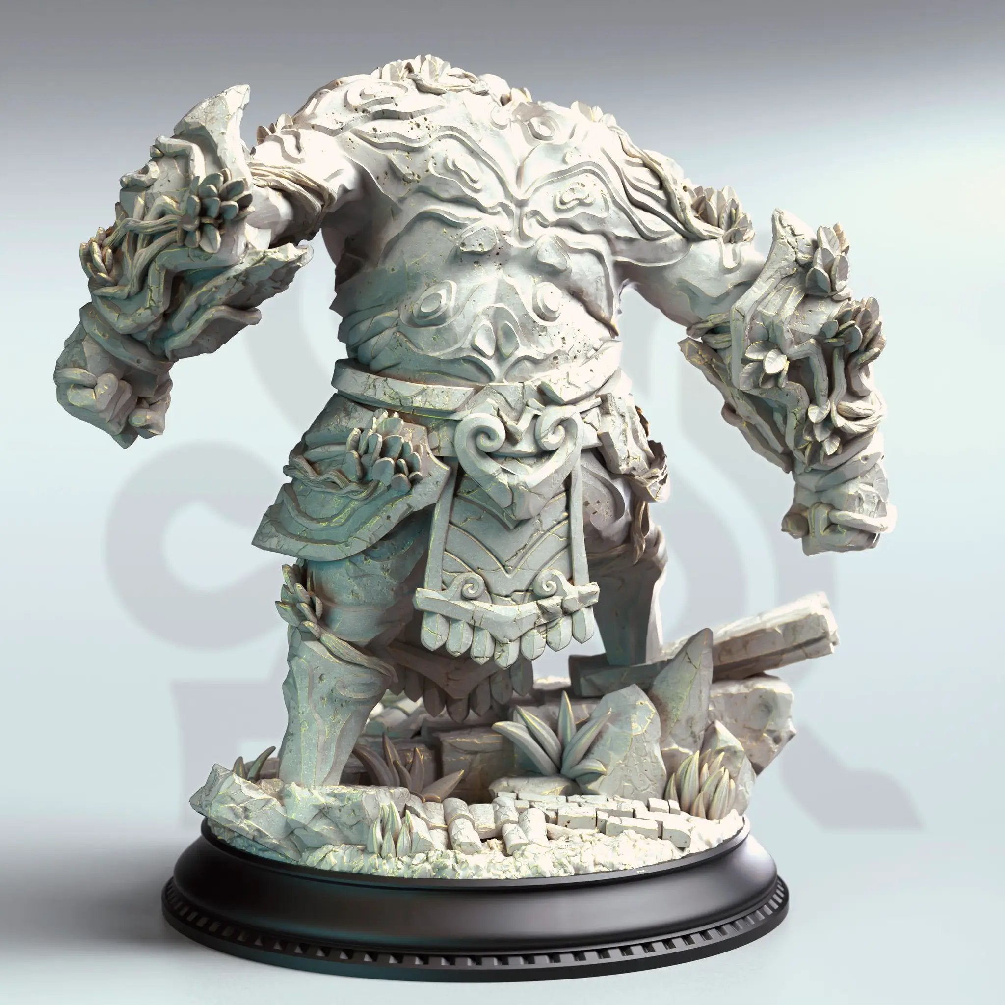 3D printed Jade Golem miniature by Last Hope Miniatures, detailed green stone-like fantasy creature with intricate textures.