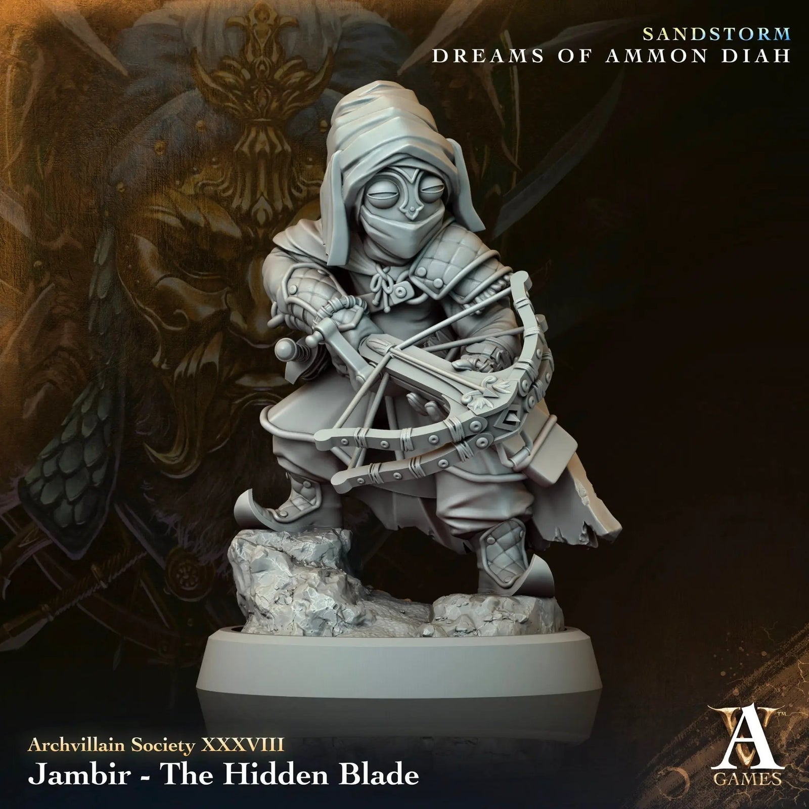 3D printed Jambir, the Hidden Blade miniature by Last Hope Miniatures for Archvillain Games, showing detailed weapon and armor features.