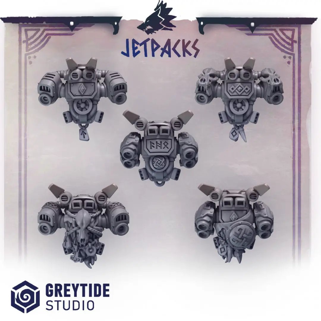 Set of five 3D printed Jetpacks miniatures by Last Hope Miniatures for Greytide Studio, featuring detailed sci-fi design.