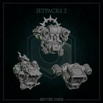 Six 3D printed Jetpacks by Greytide Studio for Last Hope Miniatures, detailed miniature sci-fi accessories on a white background.