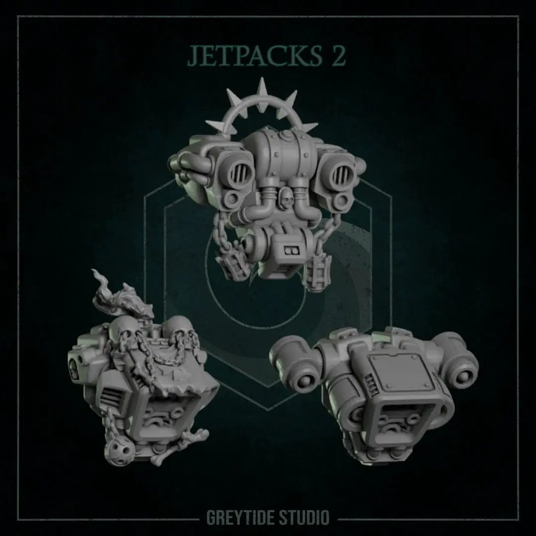 Six 3D printed Jetpacks by Greytide Studio for Last Hope Miniatures, detailed miniature sci-fi accessories on a white background.