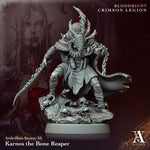 3D printed Karnos the Bone Reaper miniature by Last Hope Miniatures for Archvillain Games, featuring skeletal warrior with dark armor.