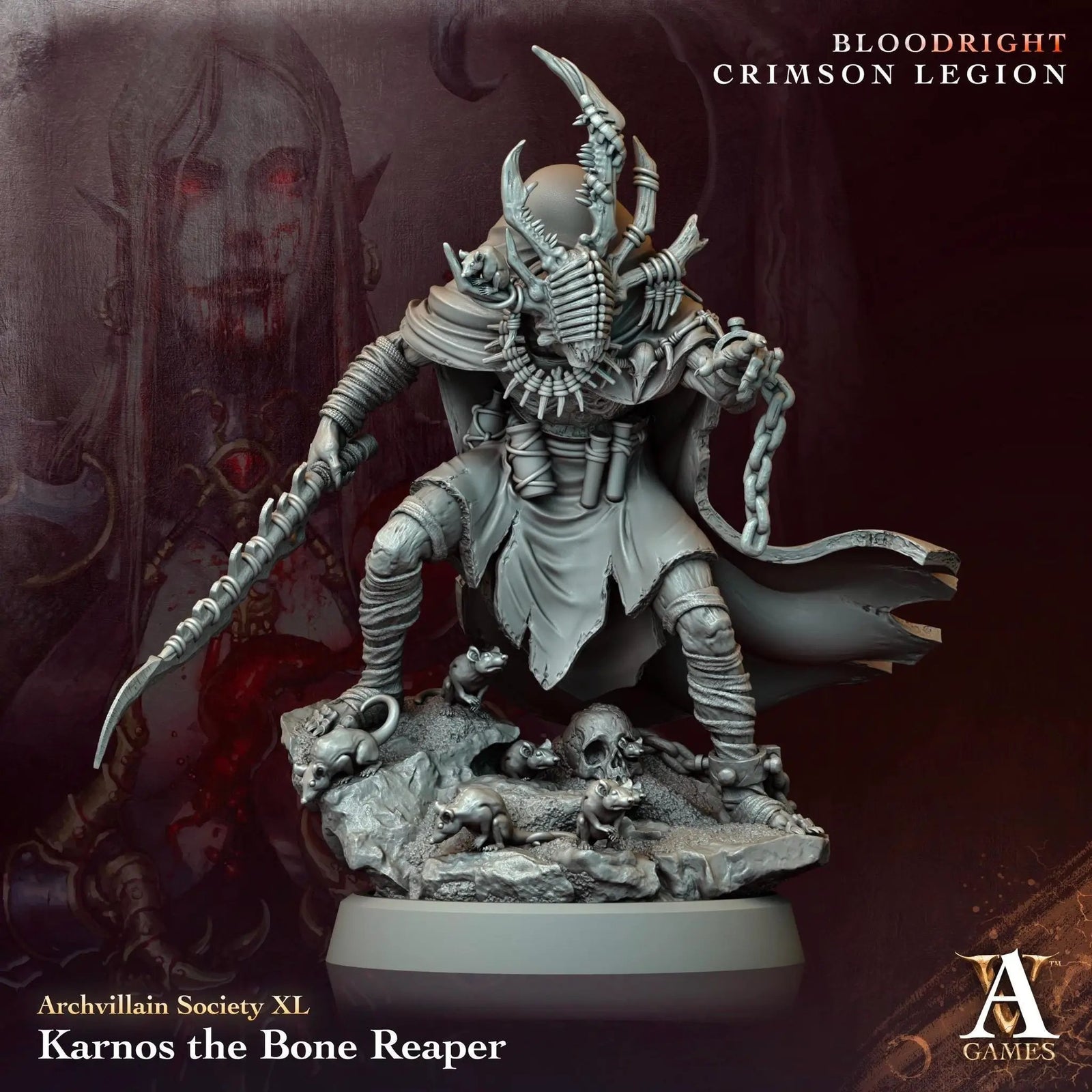 3D printed Karnos the Bone Reaper miniature by Last Hope Miniatures for Archvillain Games, featuring skeletal warrior with dark armor.