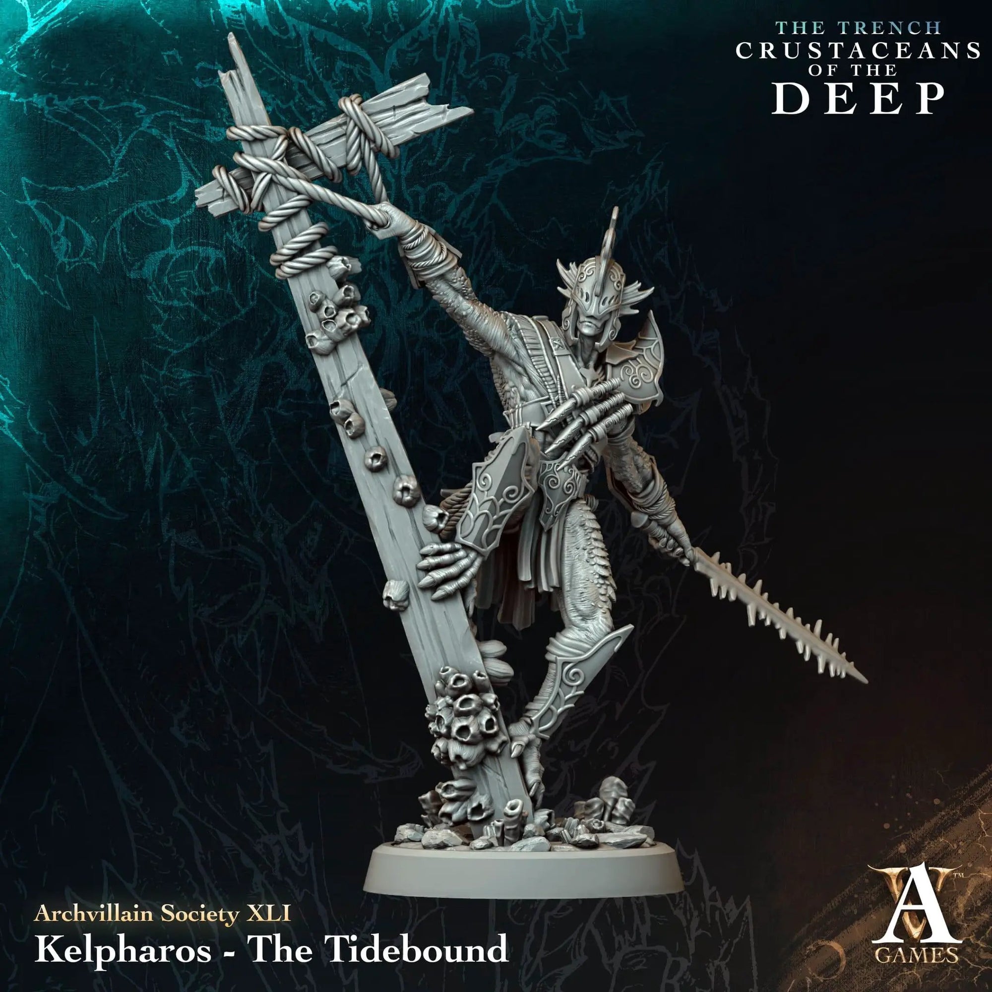 3D printed Kelpharos the Tidebound miniature by Last Hope Miniatures for Archvillain Games, detailed fantasy creature figure.