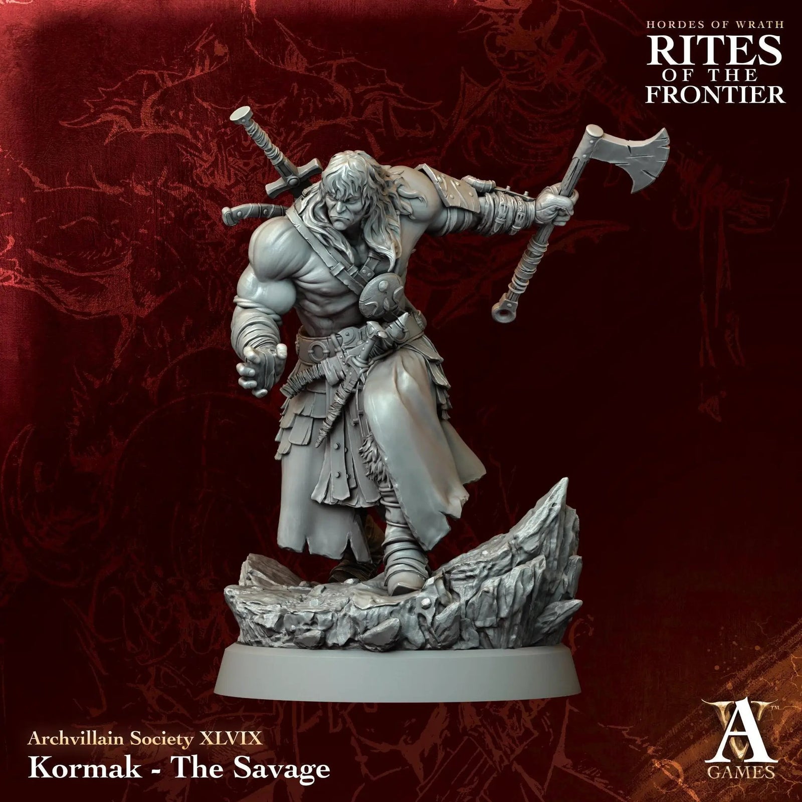 3D printed Kormak the Savage miniature by Archvillain Games, designed by Last Hope Miniatures, shown in detailed close-up.