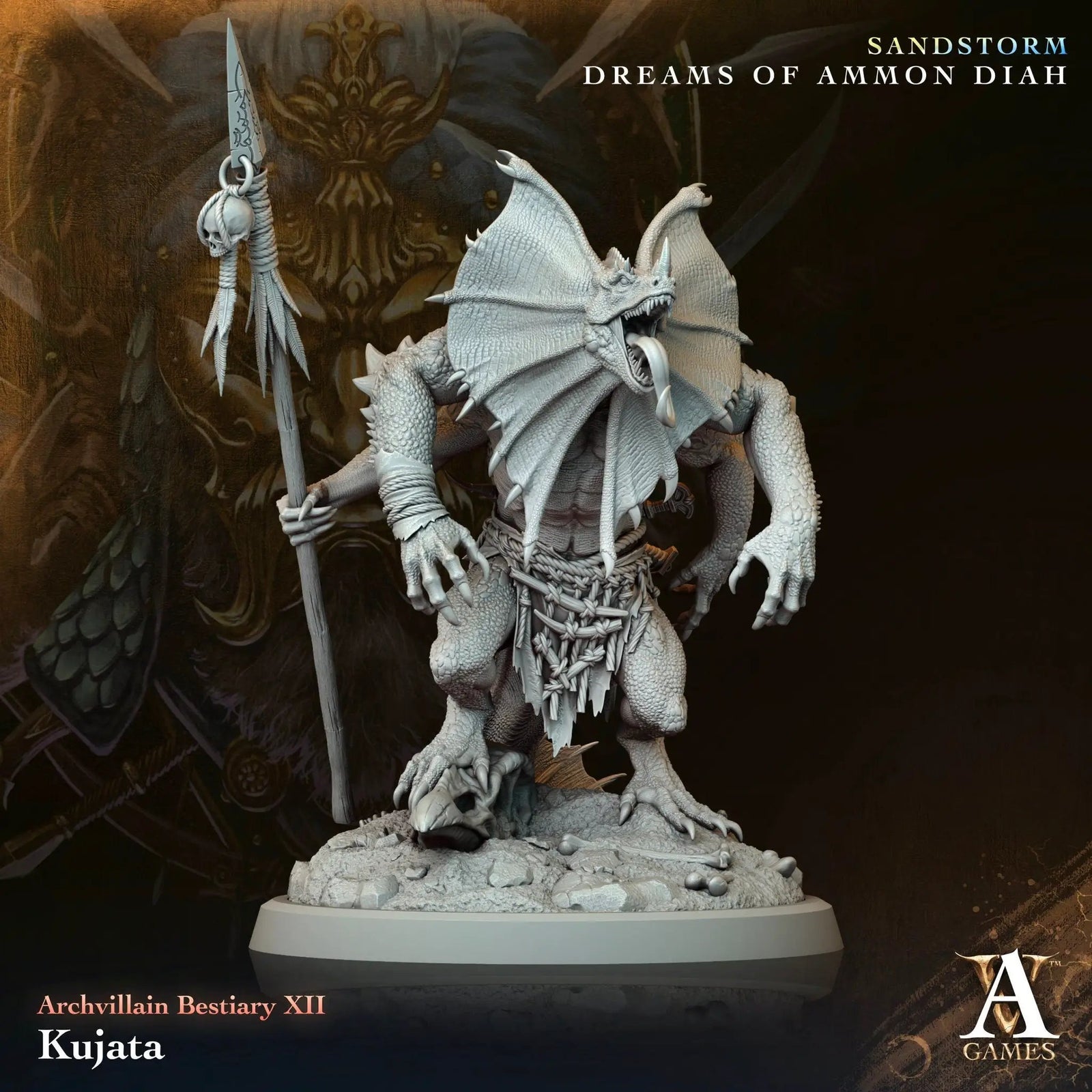 3D printed Kujata miniature by Last Hope Miniatures for Archvillain Games, detailed fantasy creature with intricate design.