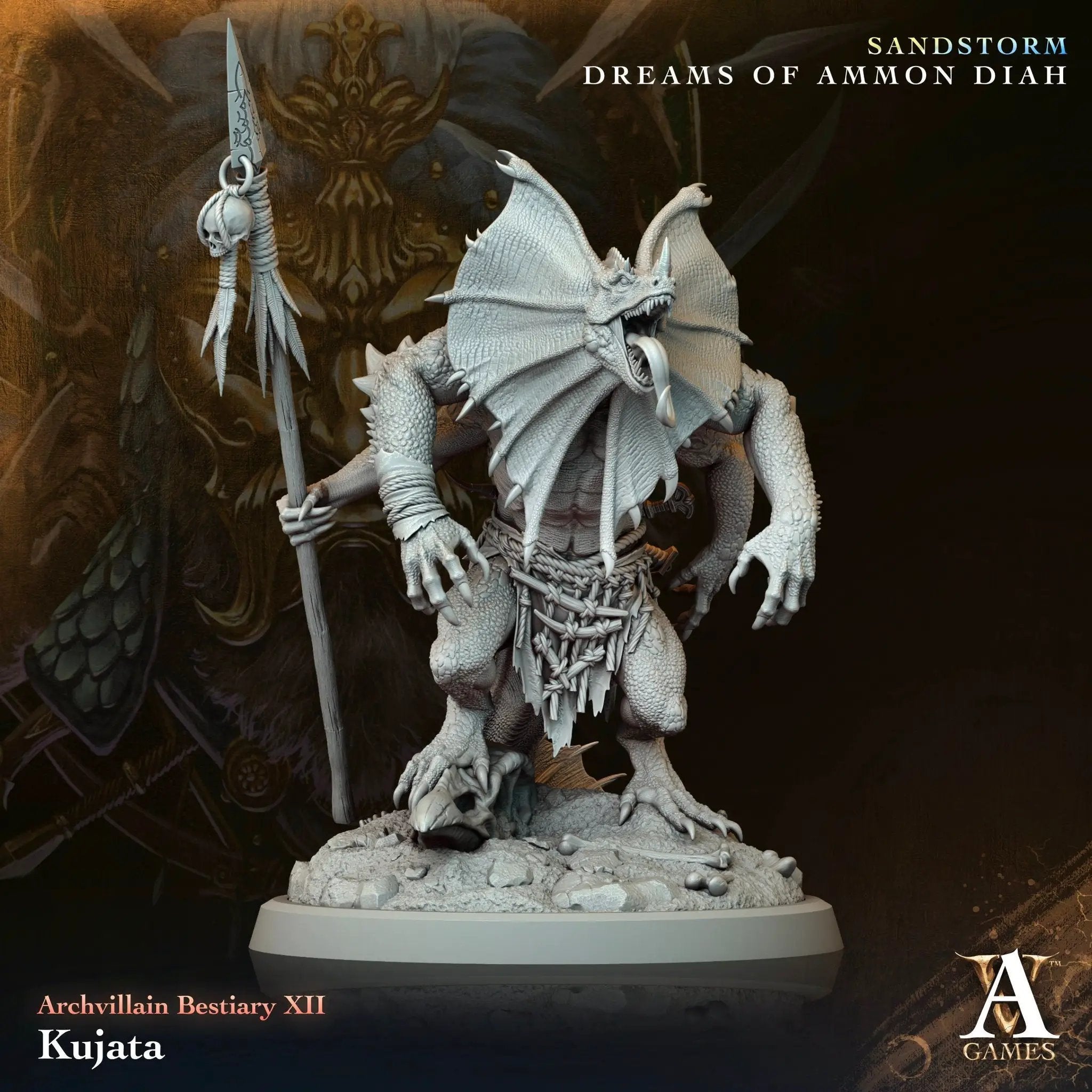 3D printed Kujata miniature by Last Hope Miniatures for Archvillain Games, detailed fantasy creature with intricate design.