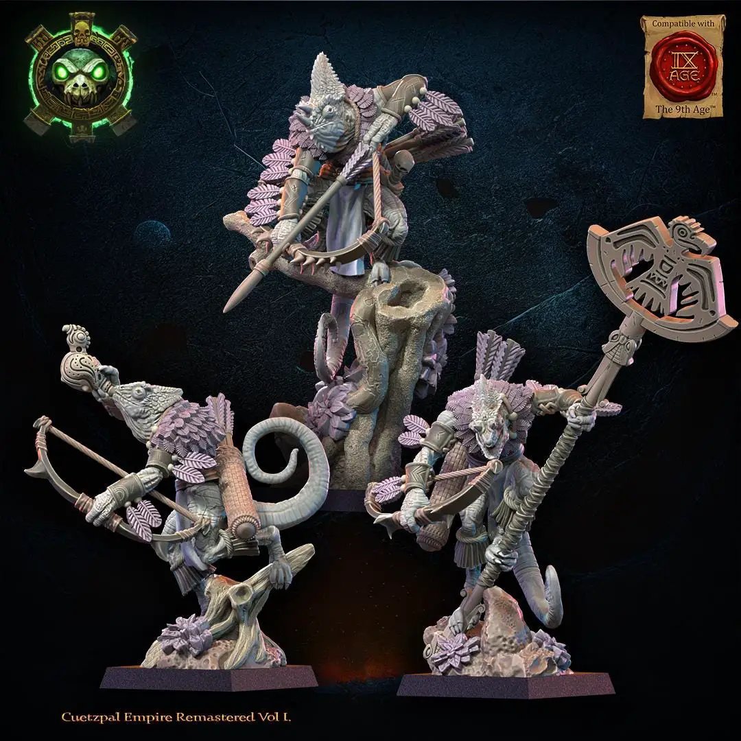 3D printed Lizard Kin Archer Command Group by Lost Kingdom Miniatures, featuring detailed lizard figures with bows and armor.