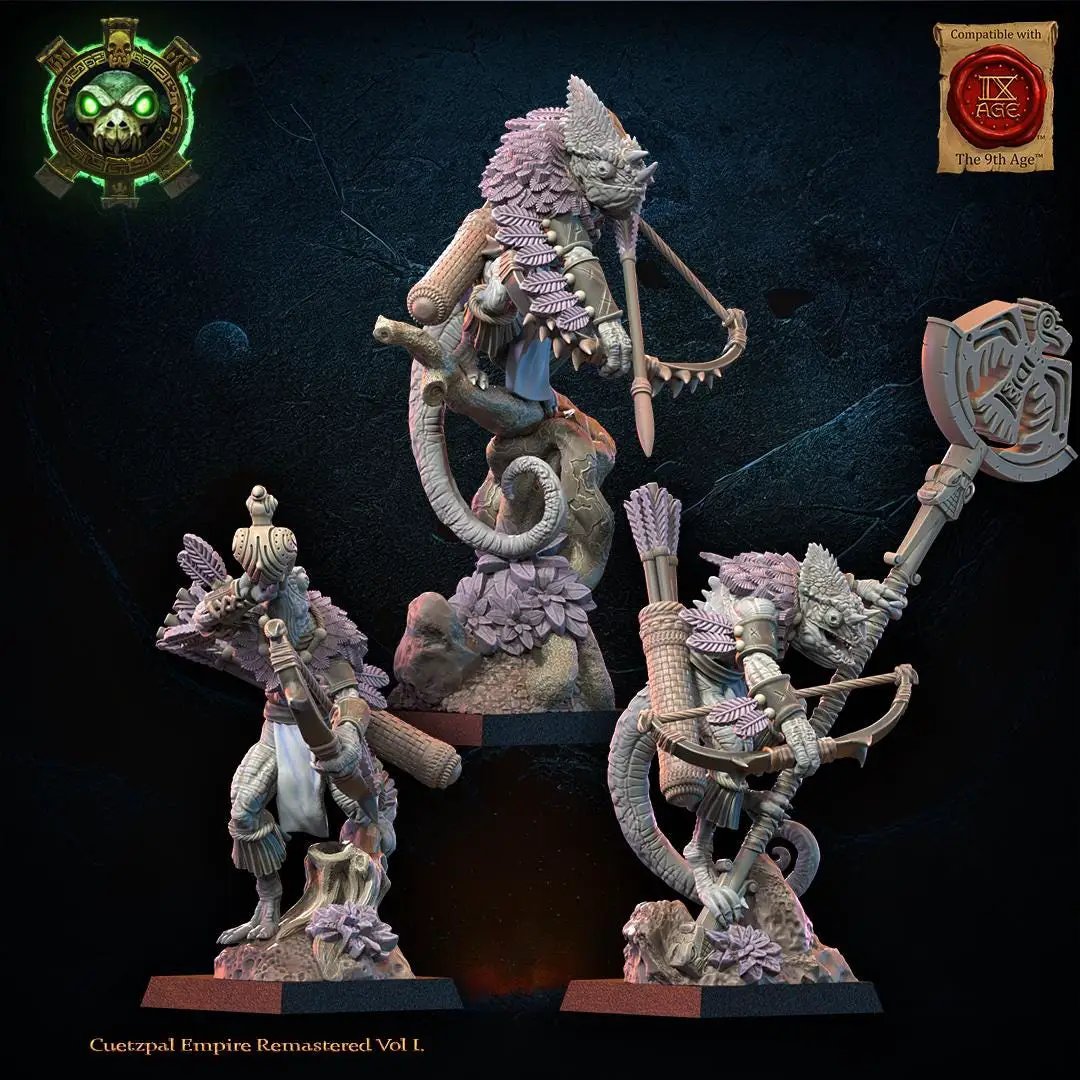 3D printed Lizard Kin Archer Command Group by Lost Kingdom Miniatures, detailed lizard figures with archers, painted and ready for tabletop gaming.