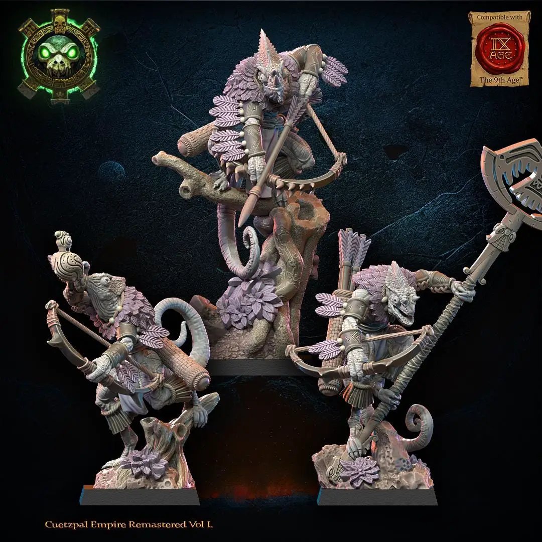 3D printed Lizard Kin Archer Command Group by Lost Kingdom Miniatures, featuring detailed lizard figures in dynamic poses.