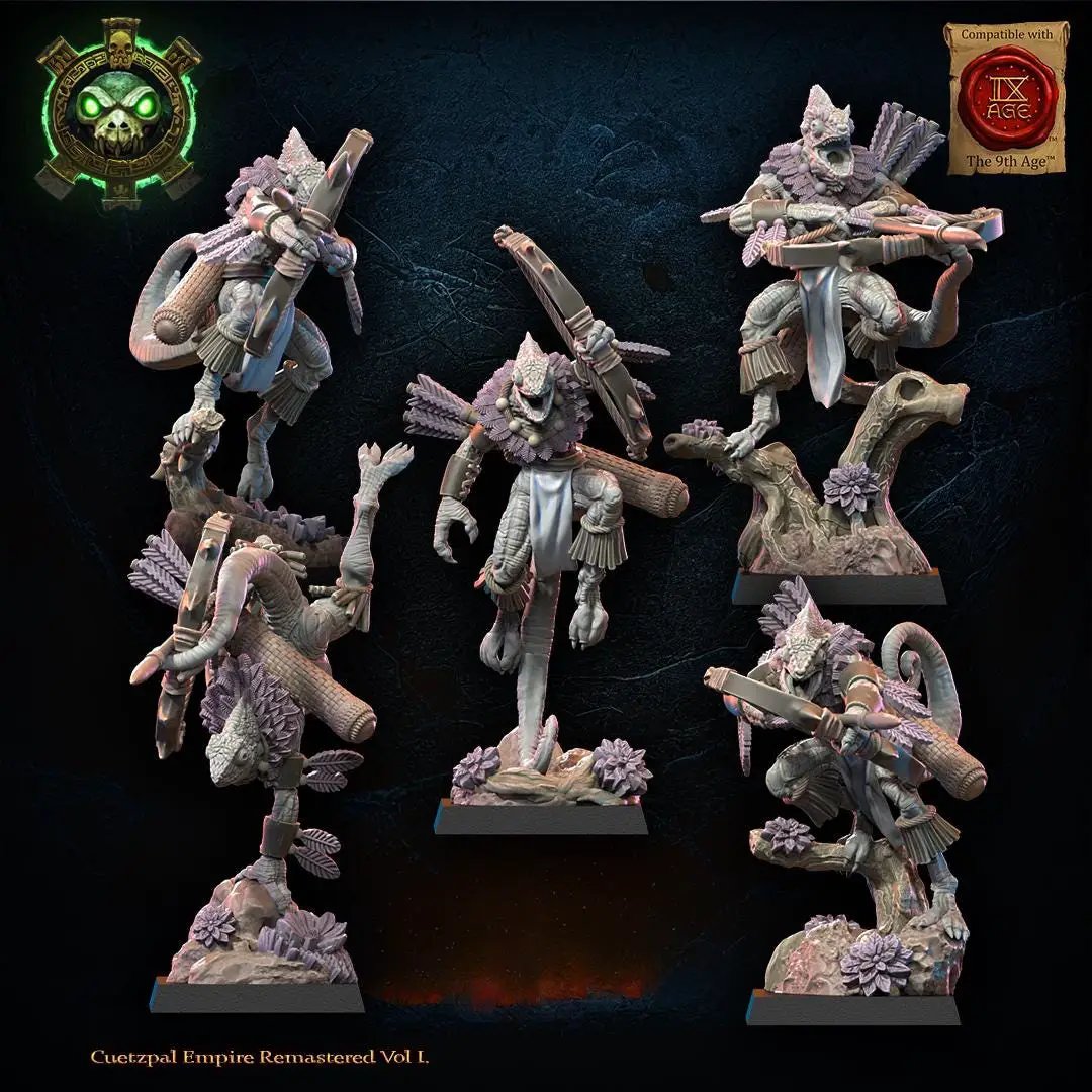 3D printed Lizard Kin Archer Regiment miniatures by Lost Kingdom Miniatures, featuring detailed lizard figures in an archer pose.
