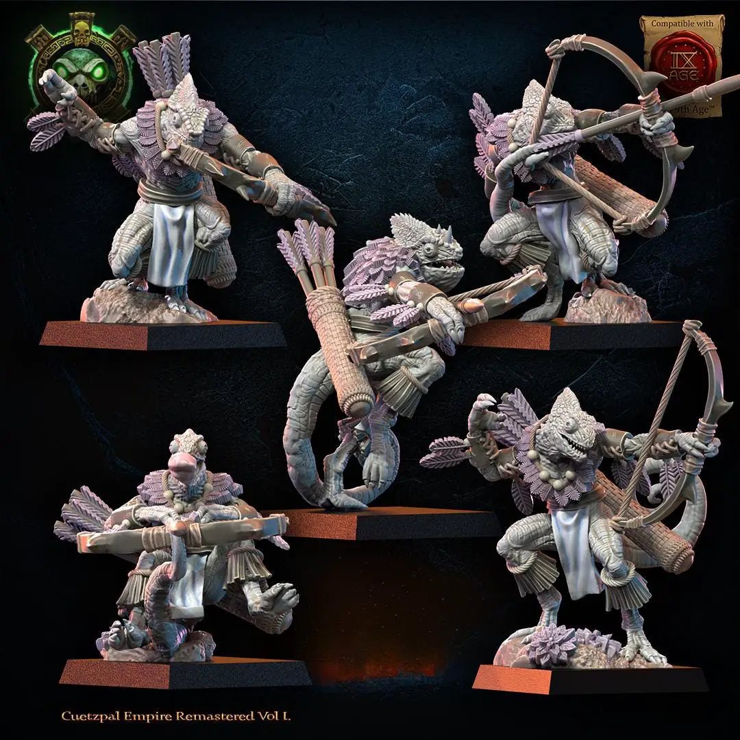 3D printed Lizard Kin Archer Regiment by Lost Kingdom Miniatures, featuring detailed lizard warriors armed with bows.
