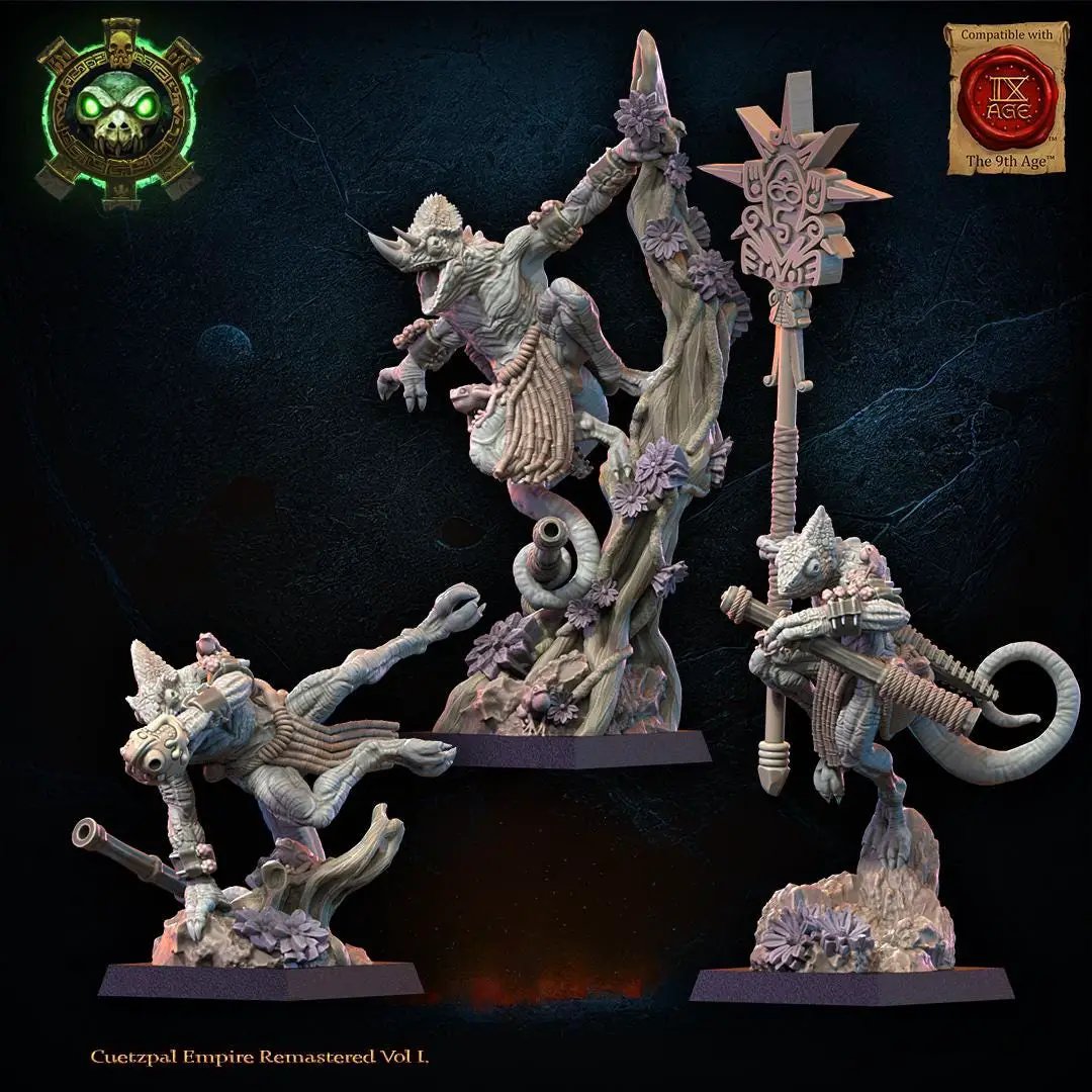 3D printed Lizard Kin Blowpipe Command Group by Lost Kingdom Miniatures, featuring detailed lizard figures with blowpipes and command poses.