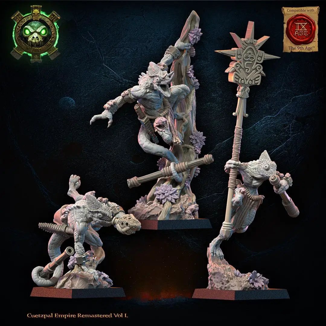 3D printed lizard kin blowpipe command group figure by Lost Kingdom Miniatures, featuring lizard characters with blowpipes.