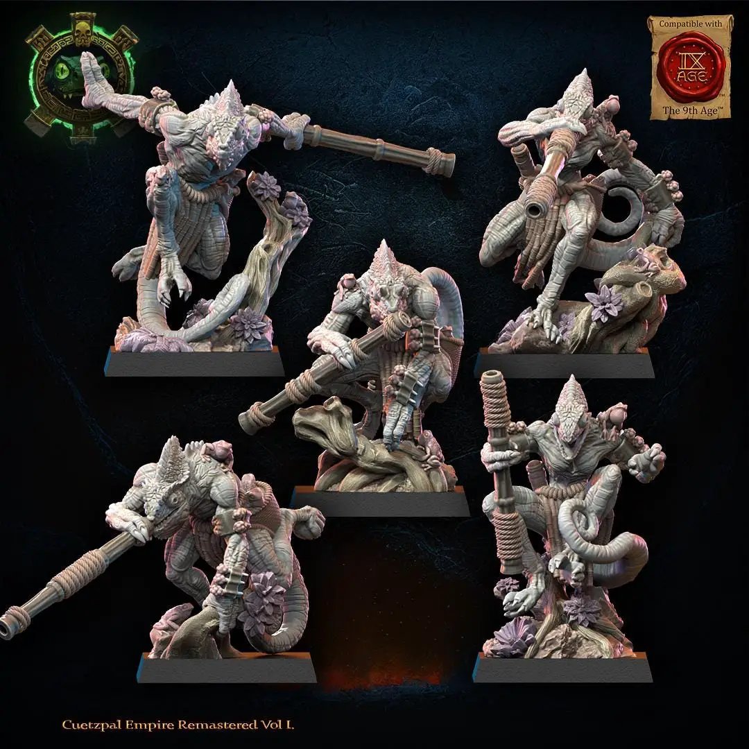 3D printed lizard kin blowpipe regiment miniature by Lost Kingdom Miniatures, detailed lizard figures with blowpipes for tabletop gaming.