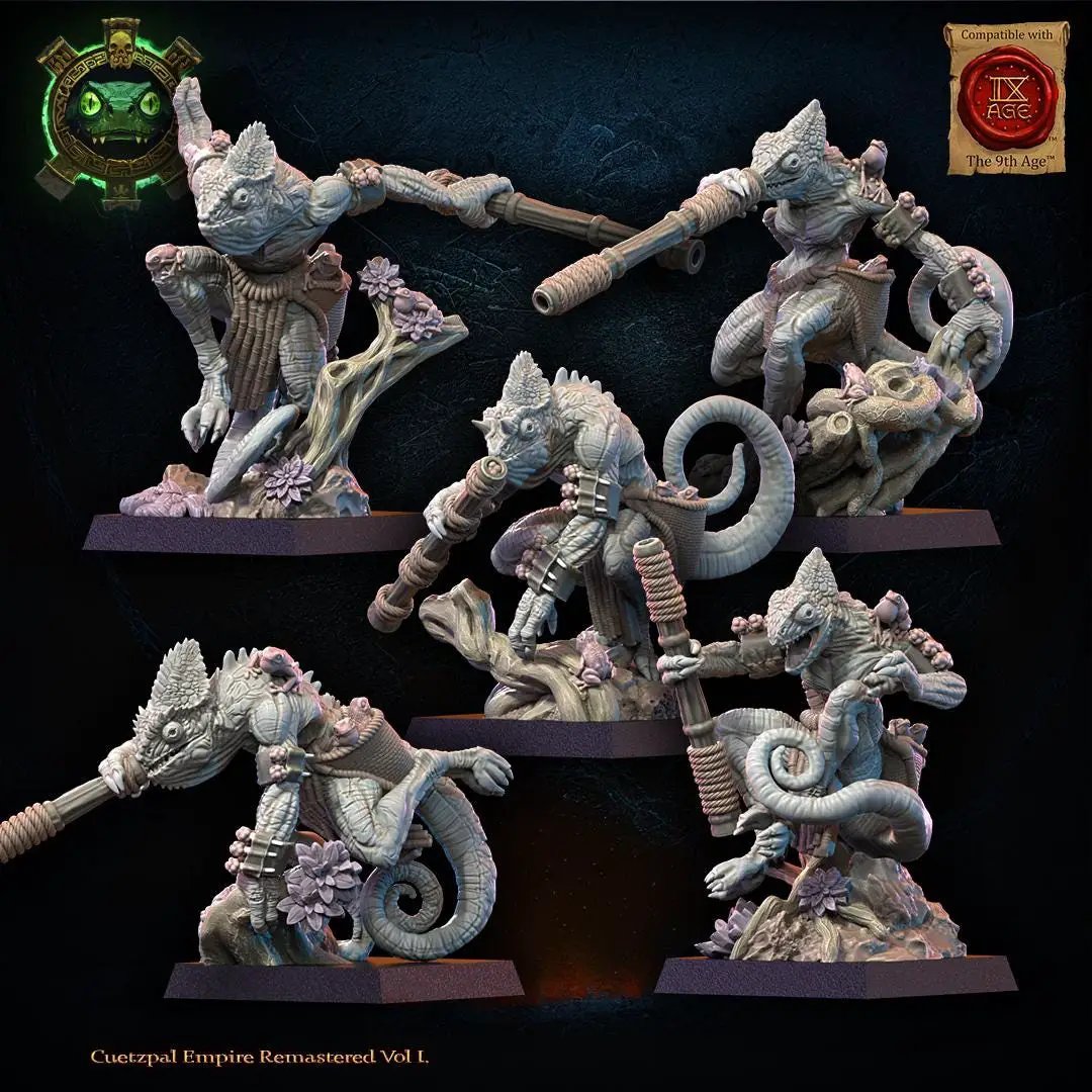 3D printed lizard kin blowpipe regiment miniatures by Lost Kingdom Miniatures, featuring detailed lizard figures in a fantasy setting.