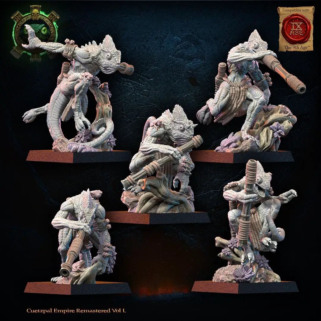 3D printed Lizard Kin Blowpipe Regiment miniature by Lost Kingdom Miniatures, featuring lizard figures with blowpipes in detailed terrain.