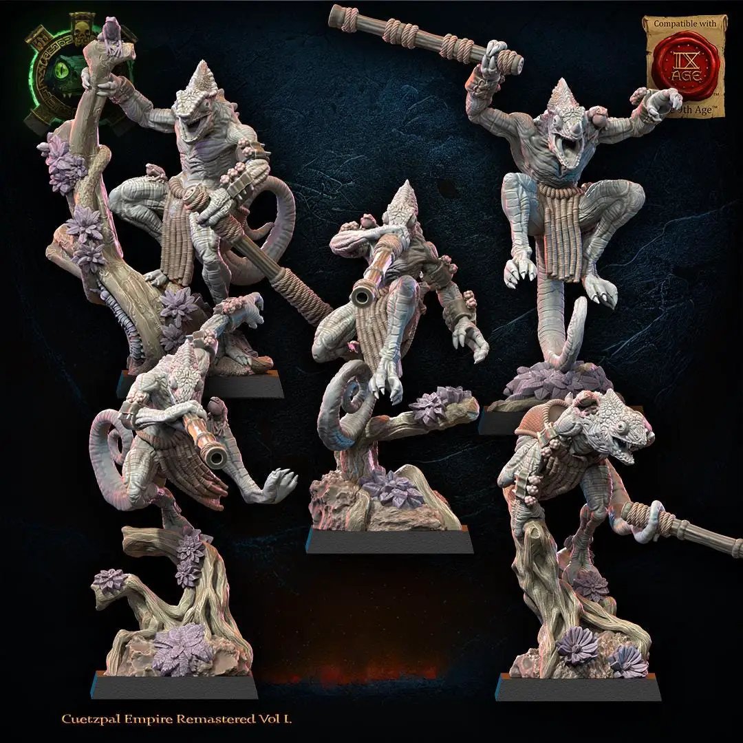 3D printed Lizard Kin Blowpipe Regiment miniatures by Lost Kingdom Miniatures, showing detailed lizard figures in a military pose.