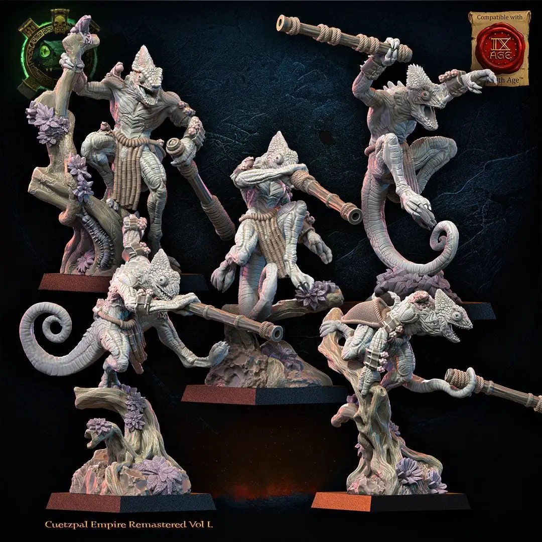 3D printed Lizard Kin Blowpipe Regiment miniature by Last Hope Miniatures, showing detailed lizard figures with blowpipes in vibrant colors.
