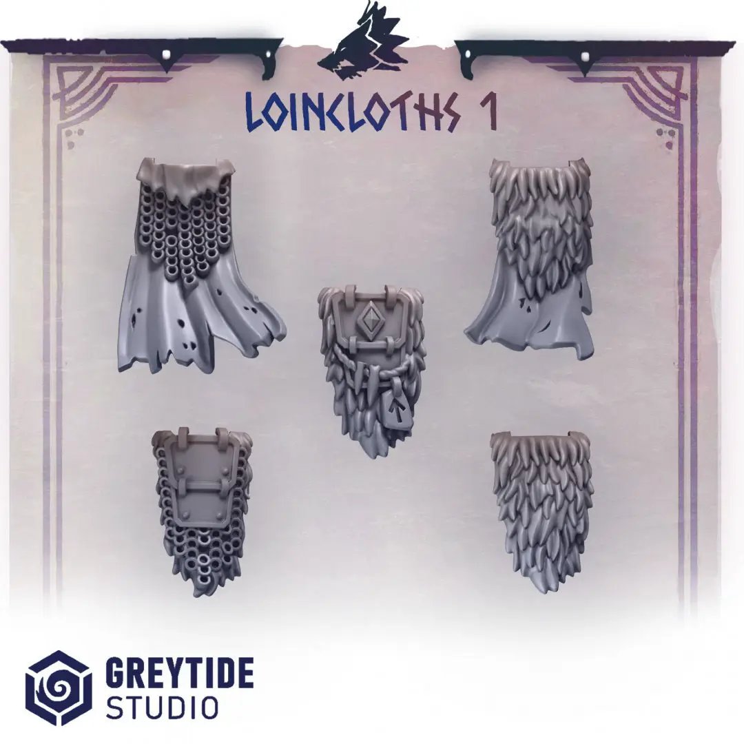 Set of 10 3D printed loincloths for miniatures, crafted by Last Hope Miniatures, featuring detailed medieval-style armor accessories.
