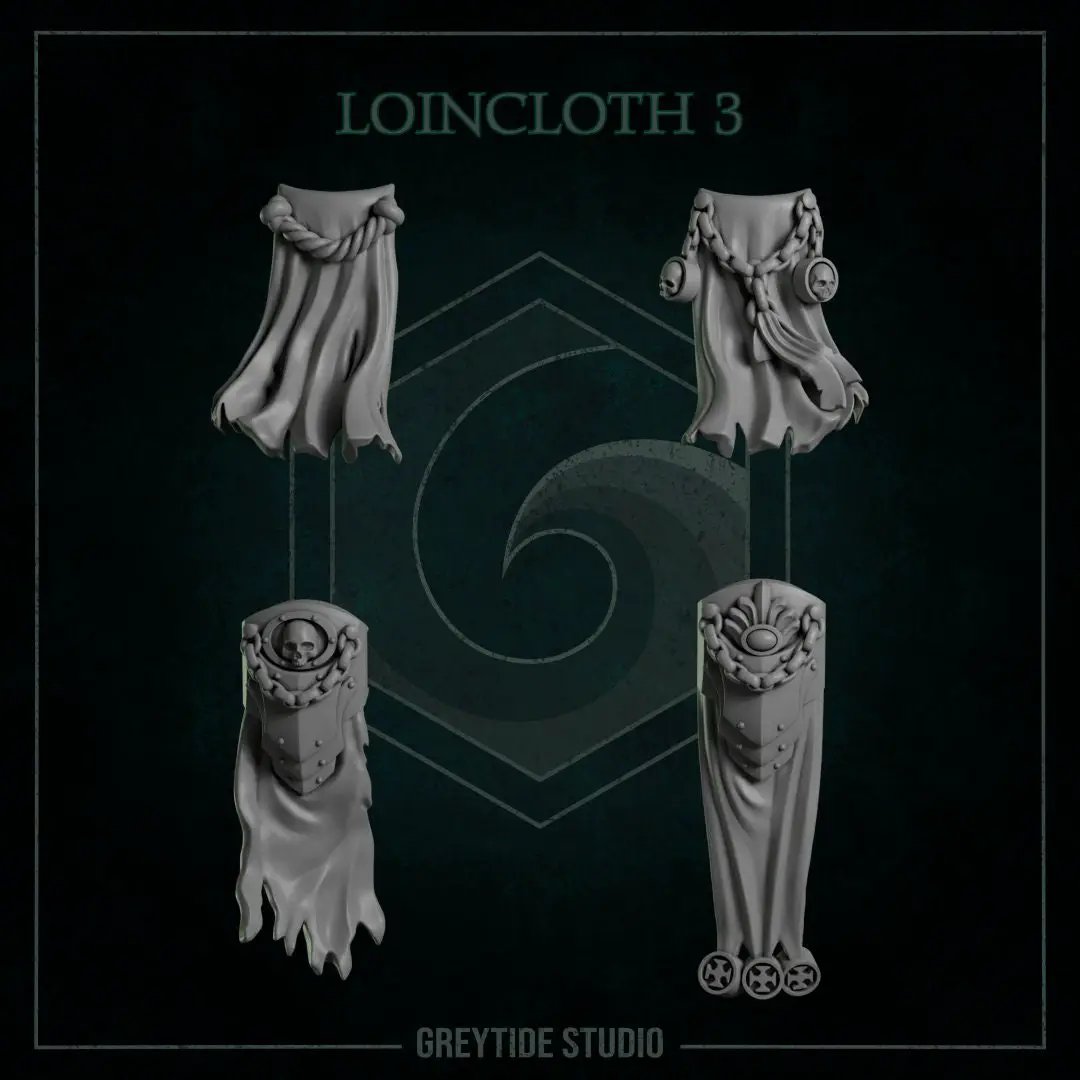Set of eight 3D printed loincloths by Last Hope Miniatures for Greytide Studio, detailed miniature armor accessories.