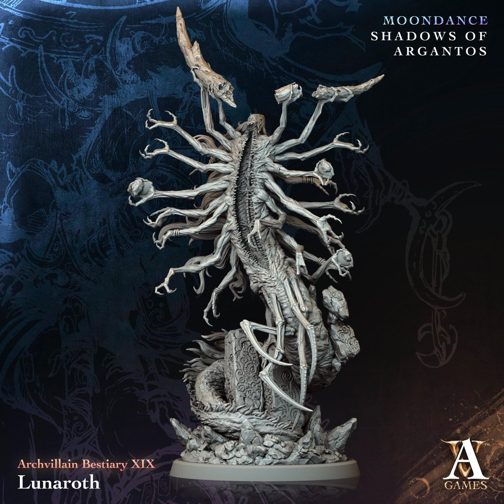 3D printed Lunaroth miniature by Last Hope Miniatures for Archvillain Games, showing detailed sculpt with intricate armor and weapon.