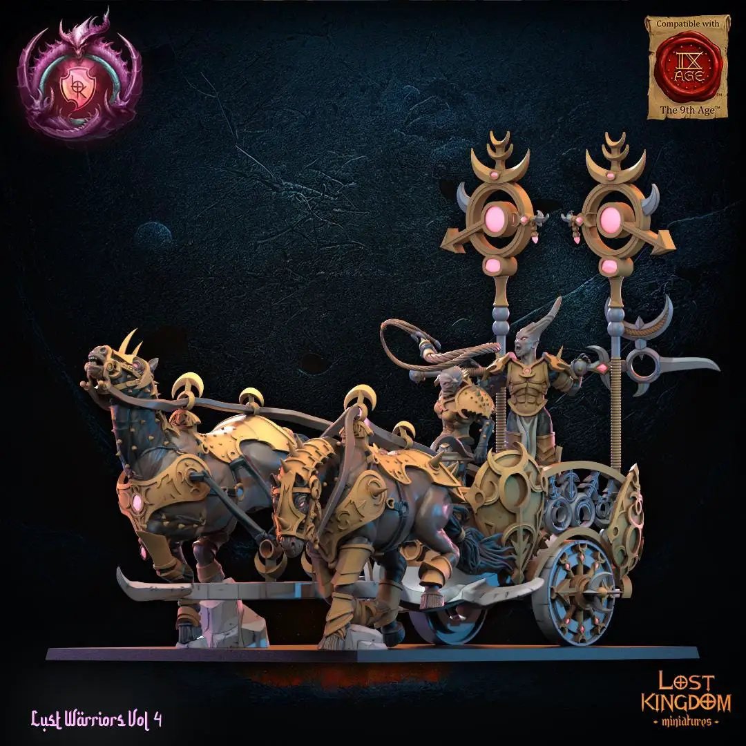3D printed Lust Chosen Chariot by Lost Kingdom Miniatures, detailed fantasy miniature on a chariot with intricate design.