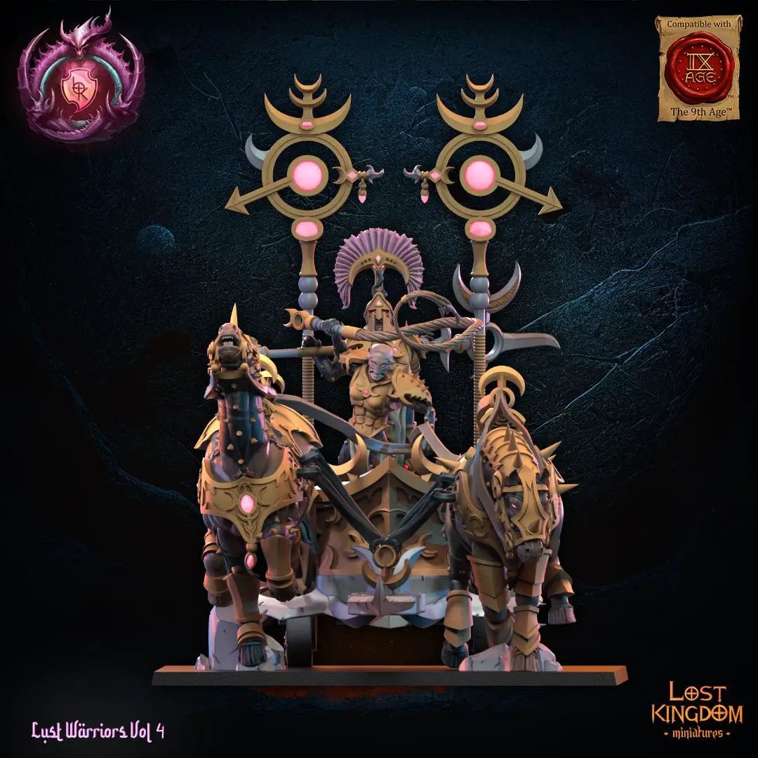 3D printed Lust Chosen Chariot miniature by Lost Kingdom Miniatures, showing detailed fantasy chariot with intricate design.