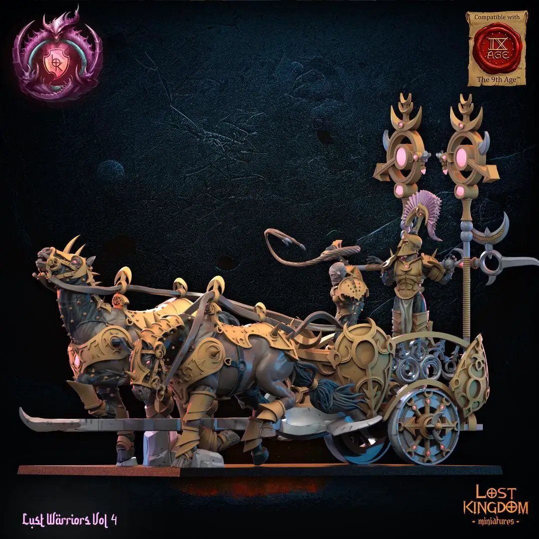 3D printed Lust Chosen Chariot miniature by Lost Kingdom Miniatures, detailed fantasy vehicle with intricate design elements.