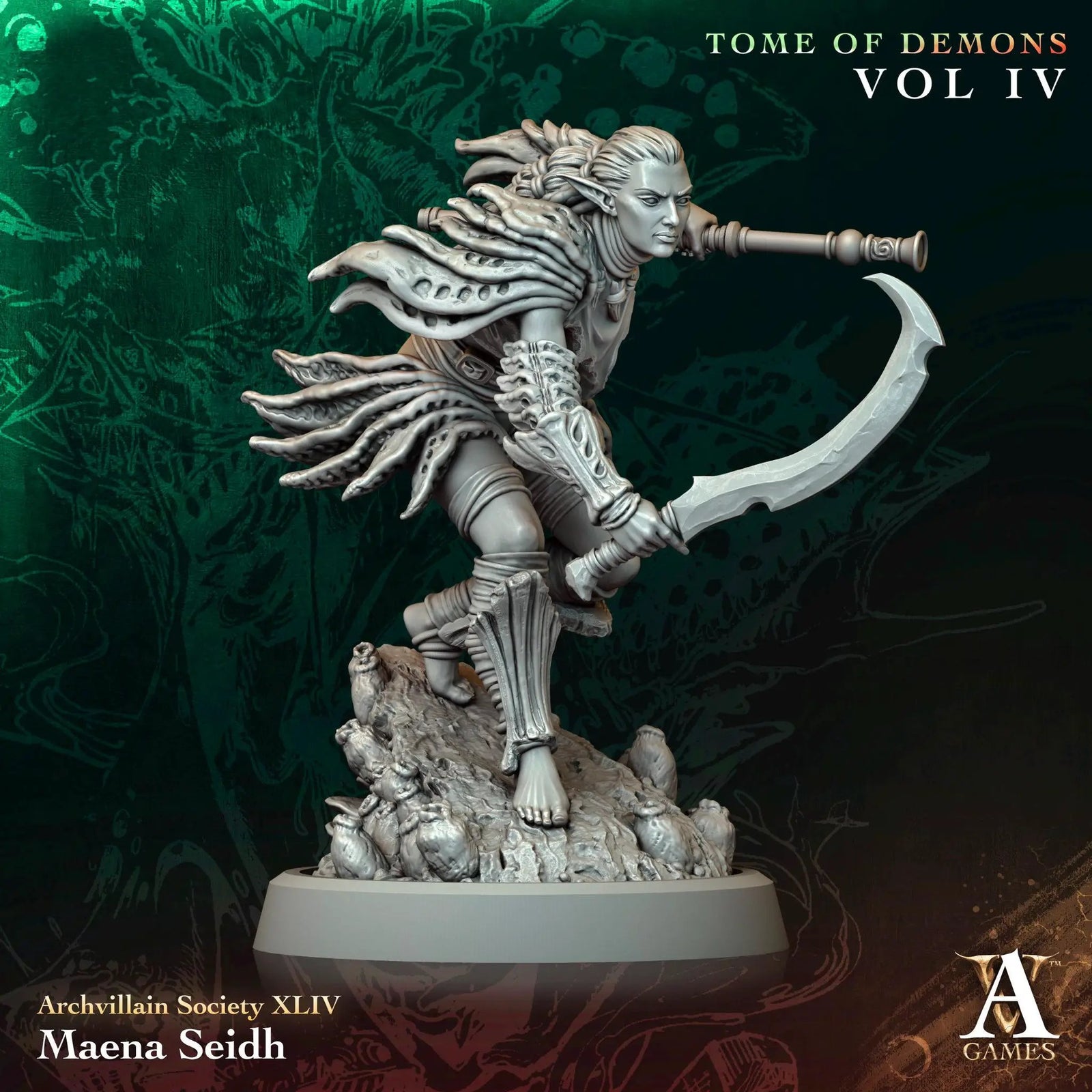 3D printed Maena Seidh miniature by Last Hope Miniatures for Archvillain Games, showing detailed fantasy character in vibrant colors.