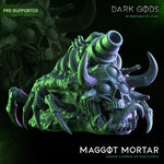 3D printed maggot mortar by Dark Gods Miniatures, crafted by Last Hope Miniatures, showing detailed miniature with mortar and maggots.