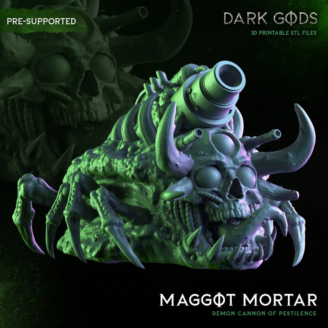 3D printed maggot mortar by Dark Gods Miniatures, crafted by Last Hope Miniatures, showing detailed miniature with mortar and maggots.