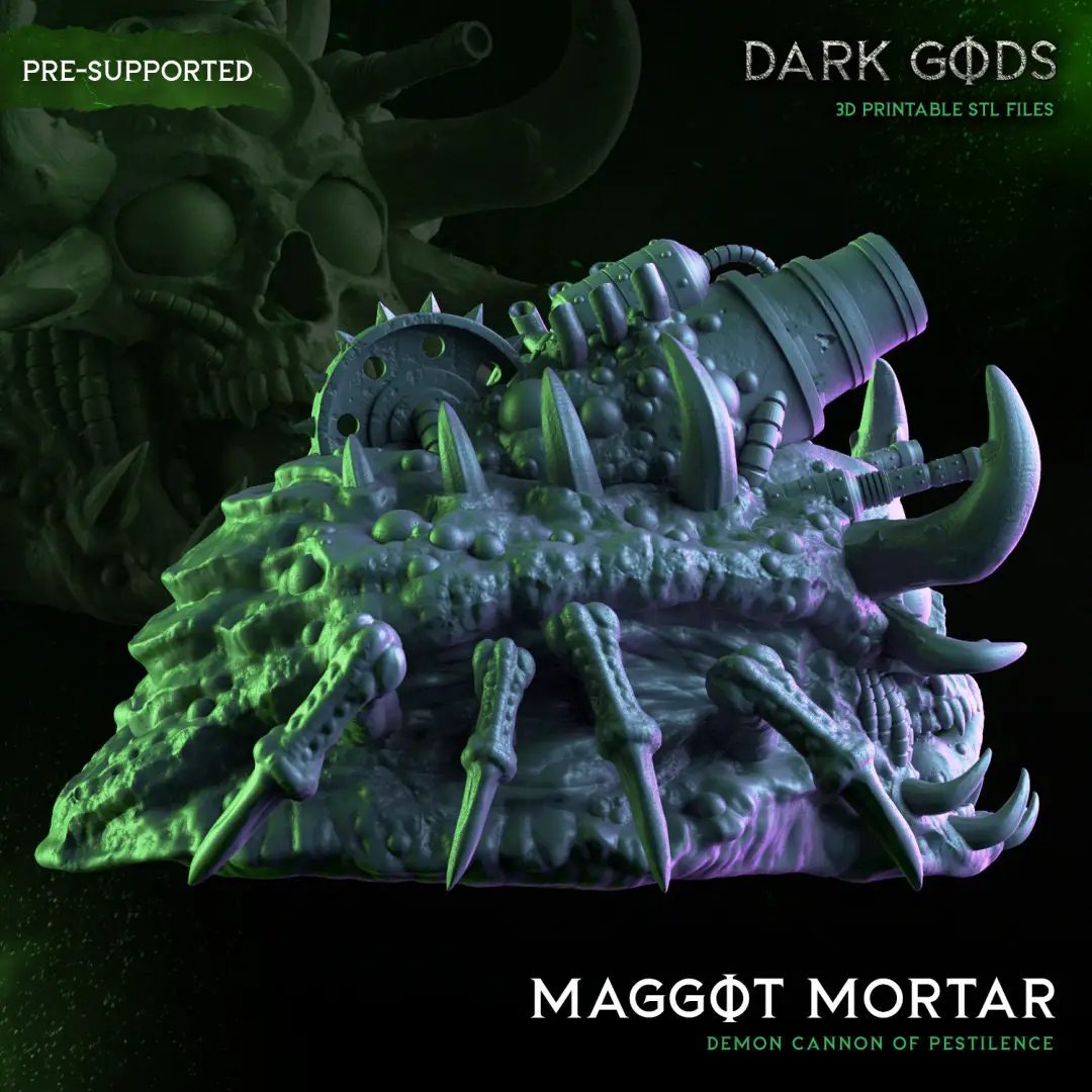 3D printed Maggot Mortar by Dark Gods Miniatures, detailed model with insect-inspired design for tabletop gaming and miniatures collections.