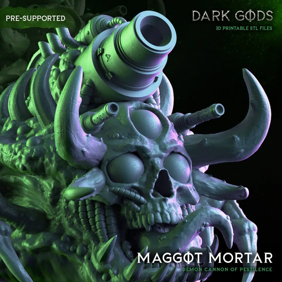 3D printed Maggot Mortar model by Dark Gods Miniatures, part of Last Hope Miniatures, showing detailed miniature with intricate design.