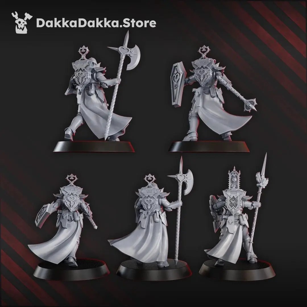 Five 3D printed Maidens of Praesidium miniatures by Last Hope Miniatures, showcasing detailed fantasy warrior figures in resin.