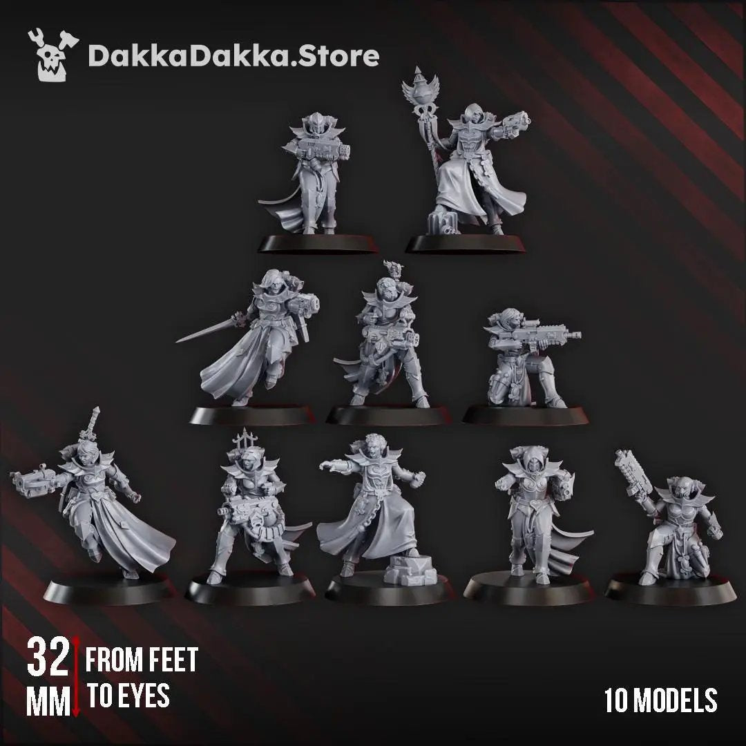 Ten 3D printed Maidens of Vengeance miniatures by Last Hope Miniatures for DakkaDakka, showcasing detailed warrior figures.