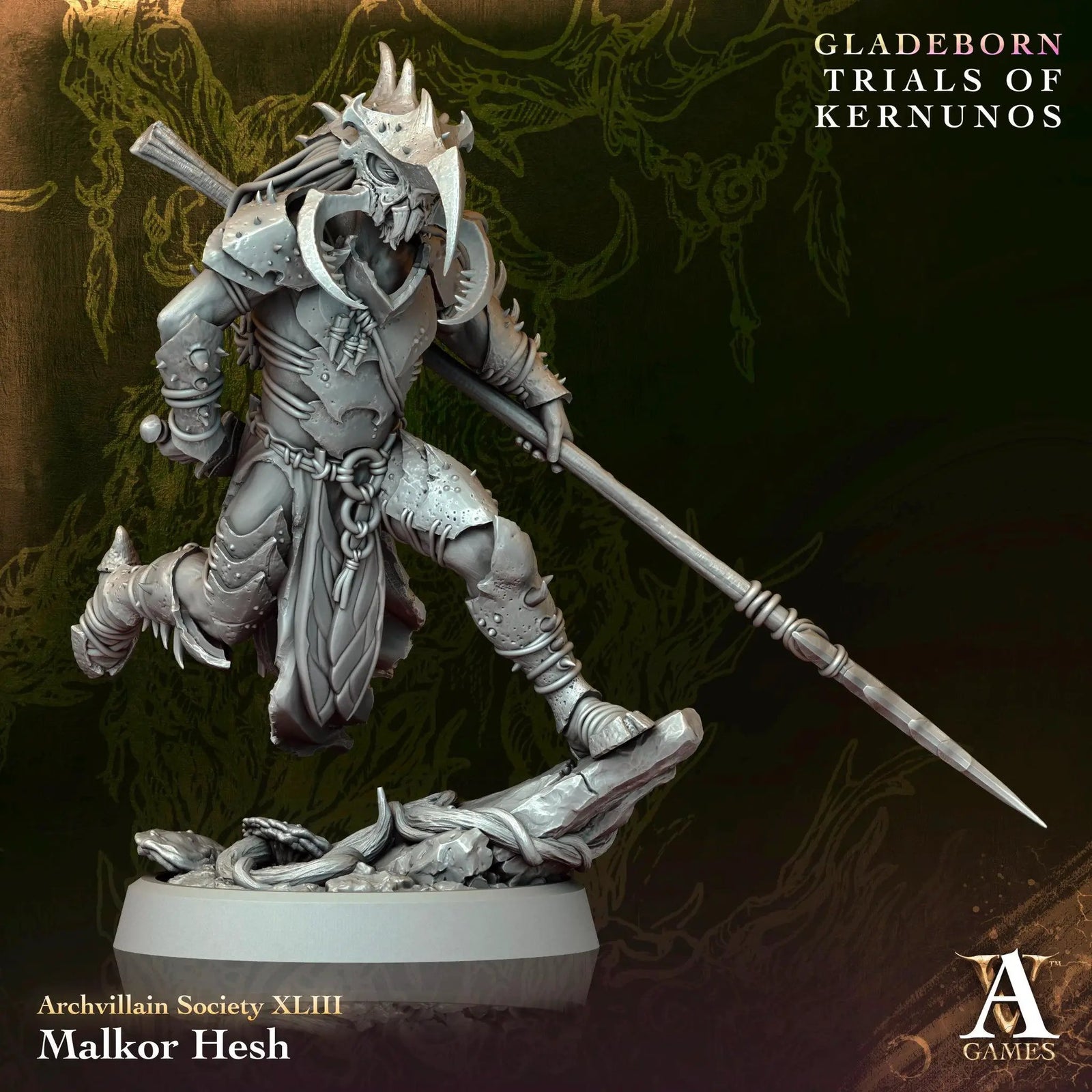 3D printed Malkor Hesh miniature by Last Hope Miniatures for Archvillain Games, showcasing detailed design and intricate features.