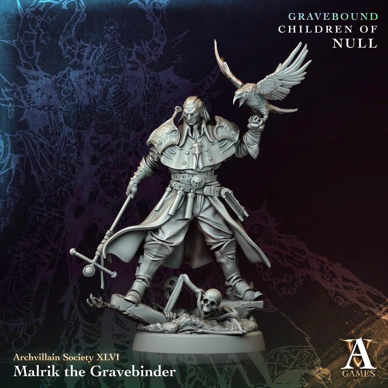 3D printed Malrik the Gravebinder miniature by Last Hope Miniatures for Archvillain Games, shown in detailed view.