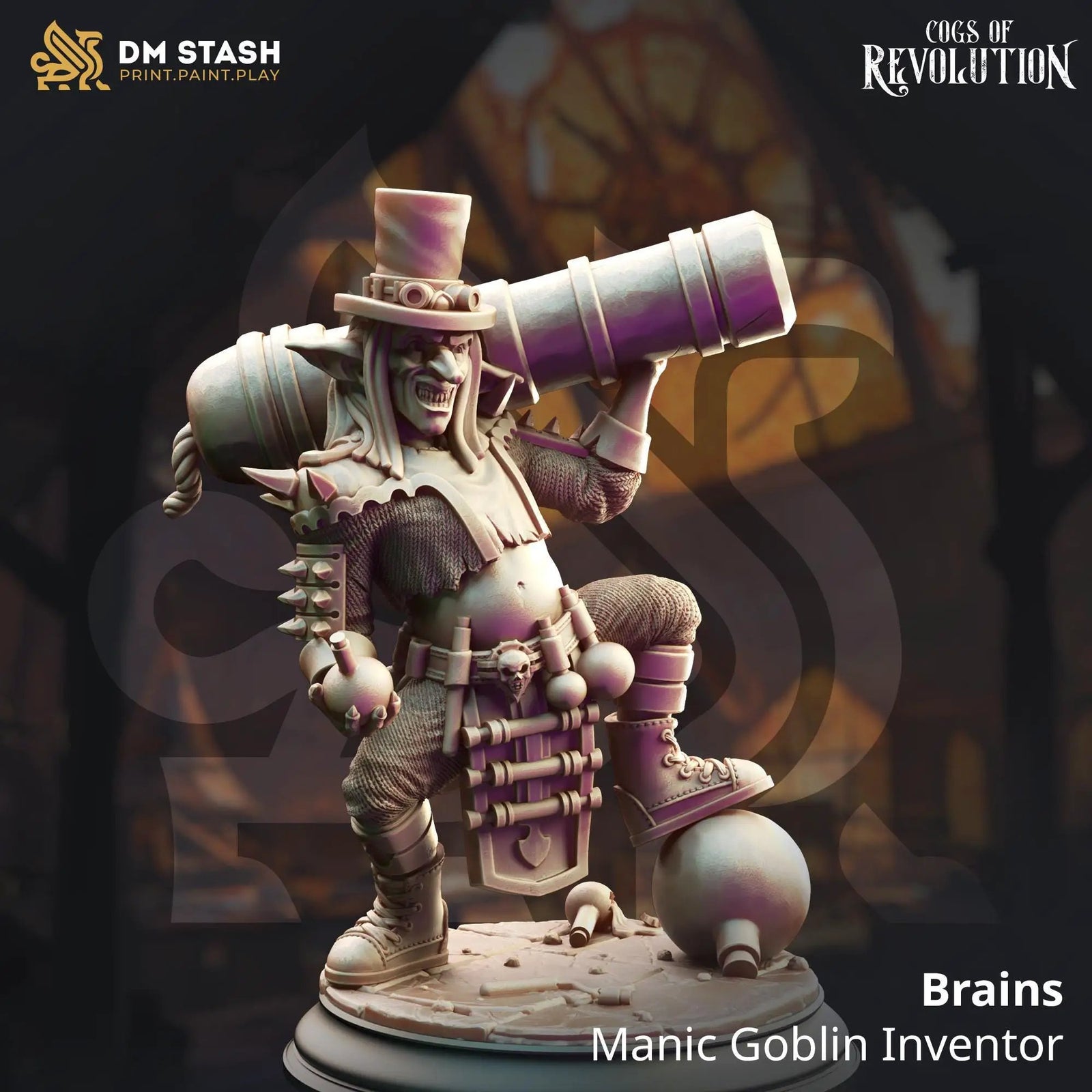 3D printed Manic Goblin Inventor figure by Last Hope Miniatures for DM Stash, detailed fantasy miniature with mechanical gadgets.