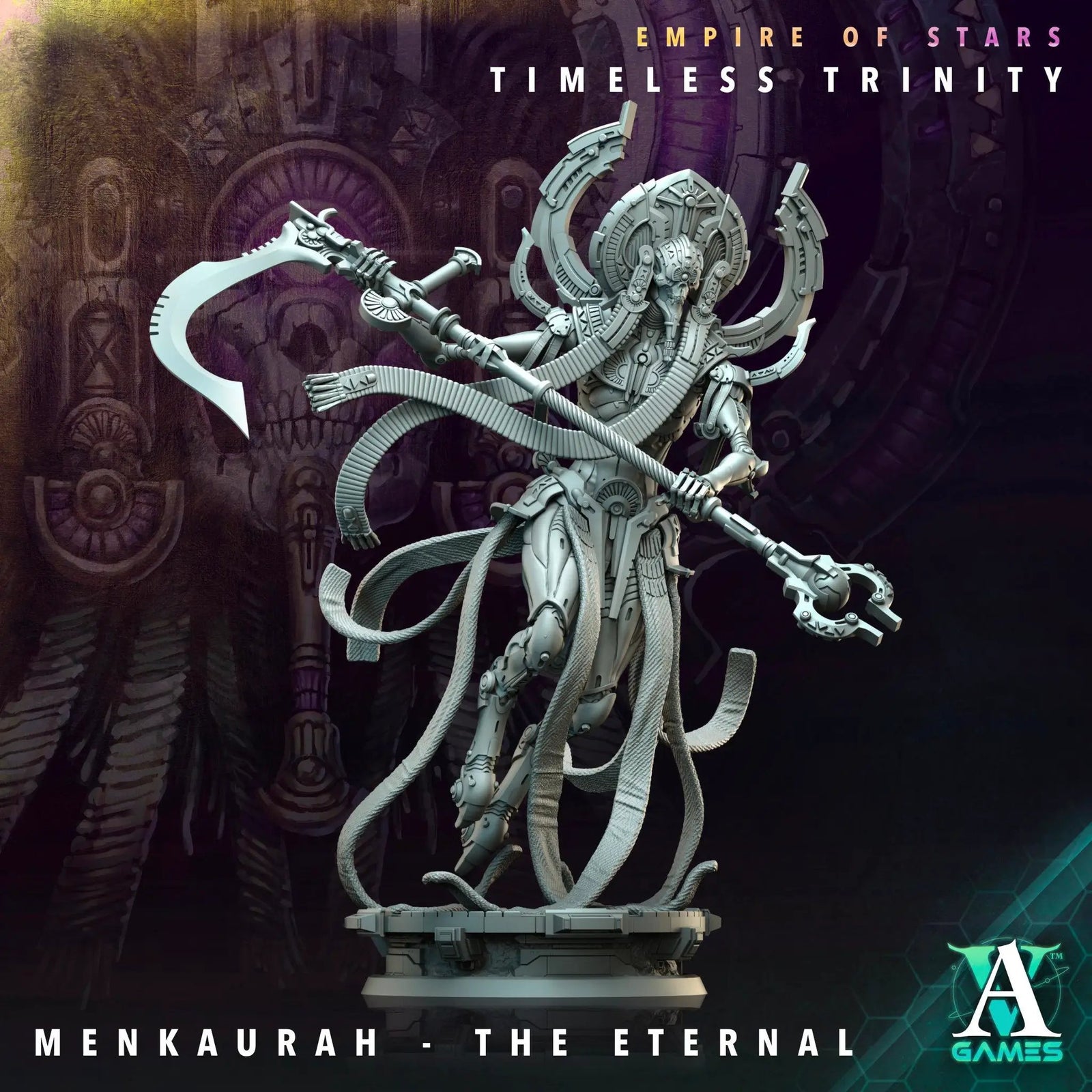 3D printed Menkaurah The Eternal miniature by Last Hope Miniatures for Archvillain Games, detailed fantasy figure on a base.