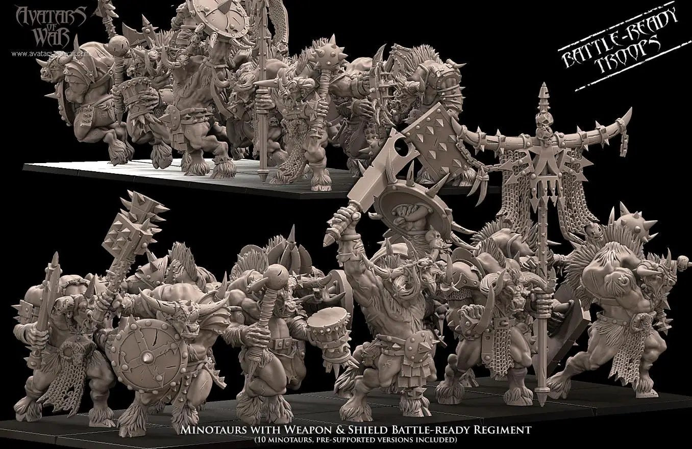 3D printed Minotaur Battle Ready Regiment with weapons and shields by Last Hope Miniatures for Avatars of War.
